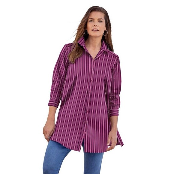 Roaman's Womens Plus Size Kate Tunic Big Shirt Purple Stripe 16 W Button-up 3/4 - Picture 10 of 11